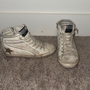 Golden Goose White High-Top Sneakers with Brown Star